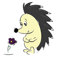 Image showing Cartoon of a cute hedgehog admiring a beautiful flower vector co