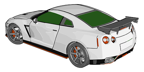 Image showing White race car with green windows and orange detailes and grey r