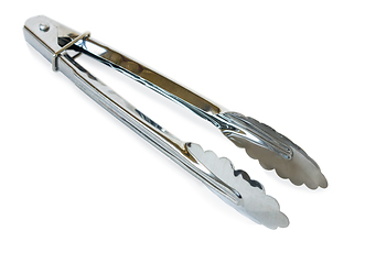 Image showing Kitchen tongs stainless steel white background