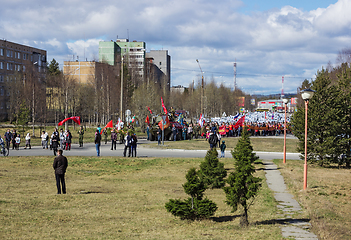 Image showing Immortal Regiment marches enter city. Polyarnye Zori. Russia