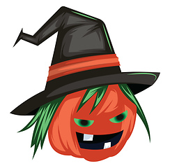 Image showing Scary evil pumpkin cartoon character with big black witch hat ve