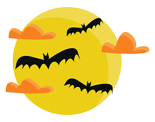 Image showing Clipart of full moon with flying bats and clouds for a spooky Ha