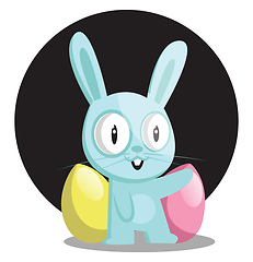 Image showing Blue bunny with blue and pink egg in front of black circle illus