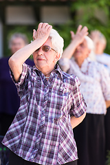 Image showing senior woman exercising with friends