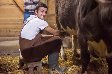 Image showing farmer milking dairy cow by hand