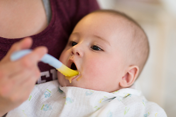 Image showing mother with spoon feeding little baby