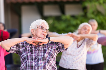 Image showing senior woman exercising with friends
