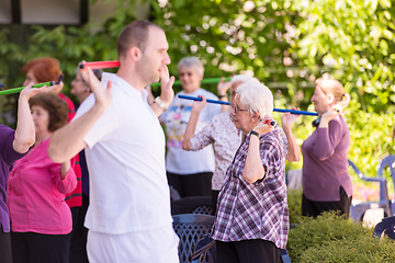 Image showing trainer training motivated active healthy senior people