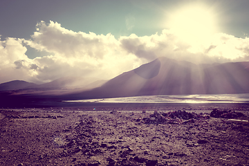 Image showing Sunset on laguna colorada in sud Lipez Altiplano reserva, Bolivi