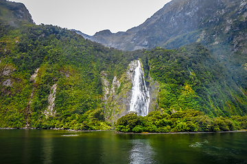 Image showing Waterfall in Milford Sound lake, New Zealand