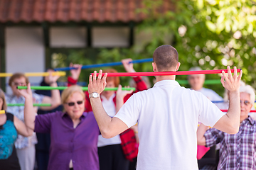 Image showing trainer training motivated active healthy senior people