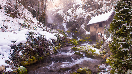 Image showing Rural landscape with old watermill in woods