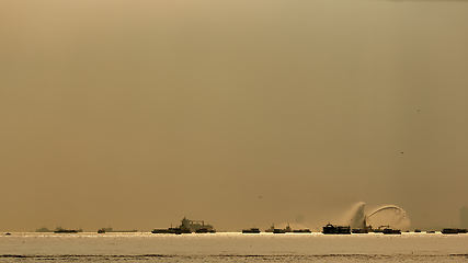 Image showing The fire boat spray water into the Bosphorus.