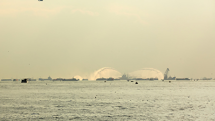 Image showing The fire boat spray water into the Bosphorus.