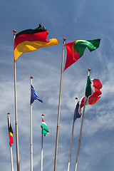 Image showing Many europeans flags in the wind against the sky