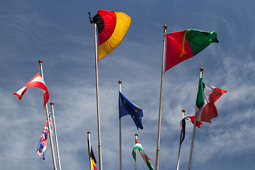 Image showing Many europeans flags in the wind against the sky