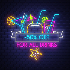 Image showing Summer sale banner for drinks. Neon sign lettering