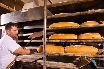 Image showing bakery worker taking out freshly baked breads