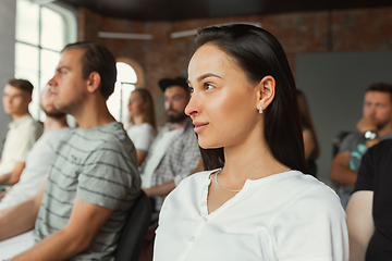 Image showing Students listening to presentation in hall at university workshop