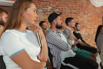 Image showing Students listening to presentation in hall at university workshop