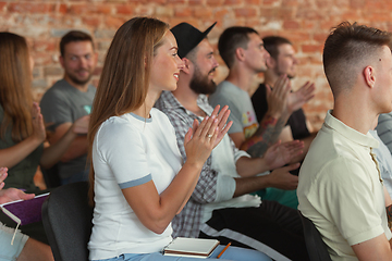 Image showing Students listening to presentation in hall at university workshop