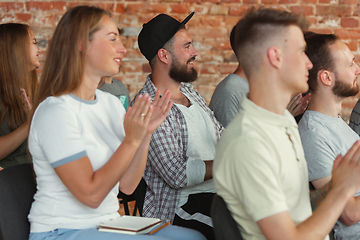 Image showing Students listening to presentation in hall at university workshop