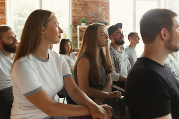 Image showing Students listening to presentation in hall at university workshop