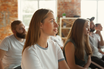 Image showing Students listening to presentation in hall at university workshop