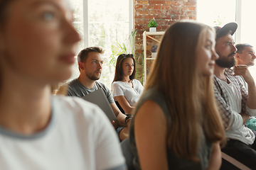 Image showing Students listening to presentation in hall at university workshop