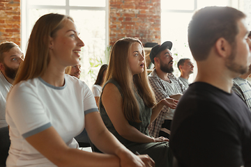 Image showing Students listening to presentation in hall at university workshop