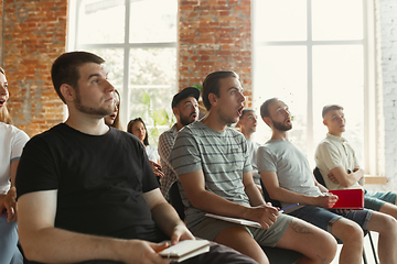 Image showing Students listening to presentation in hall at university workshop