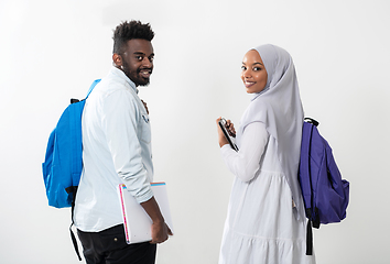 Image showing african students couple walking