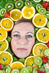 Image showing Fruits and blond cute woman portrait