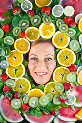 Image showing Fruits and blond cute woman portrait