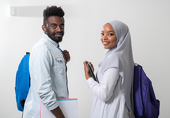 Image showing african students couple walking