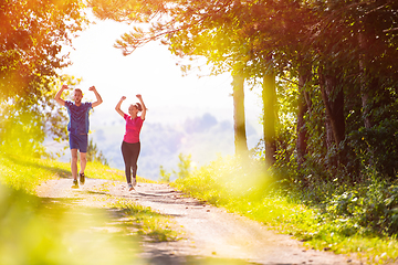 Image showing young couple jogging on sunny day at nature