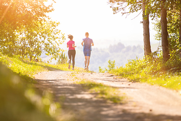 Image showing young couple jogging on sunny day at nature