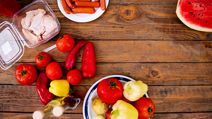 Image showing Top view of Bio Healthy organic food set on wooden table