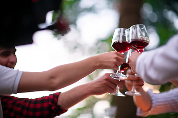 Image showing happy friends toasting red wine glass during french dinner party