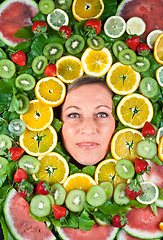 Image showing Fruits and blond cute woman portrait