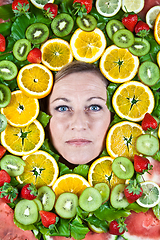 Image showing Fruits and blond cute woman portrait