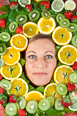 Image showing Fruits and blond cute woman portrait