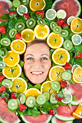 Image showing Fruits and blond cute woman portrait