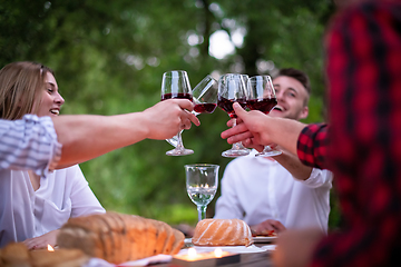 Image showing happy friends toasting red wine glass during french dinner party