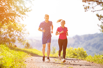 Image showing young couple jogging on sunny day at nature