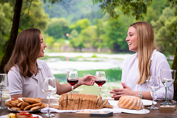 Image showing happy women having french dinner party outdoor