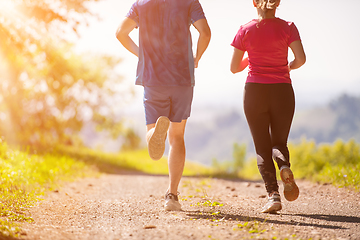 Image showing young couple jogging on sunny day at nature