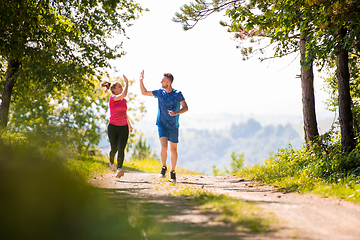 Image showing jogging couple giving high five to each other on sunny day at na