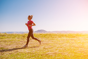 Image showing young woman jogging on sunny day at summer mountain