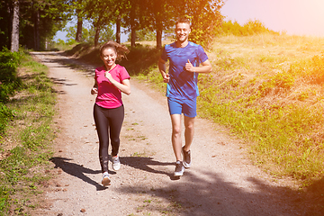 Image showing young couple jogging on sunny day at nature